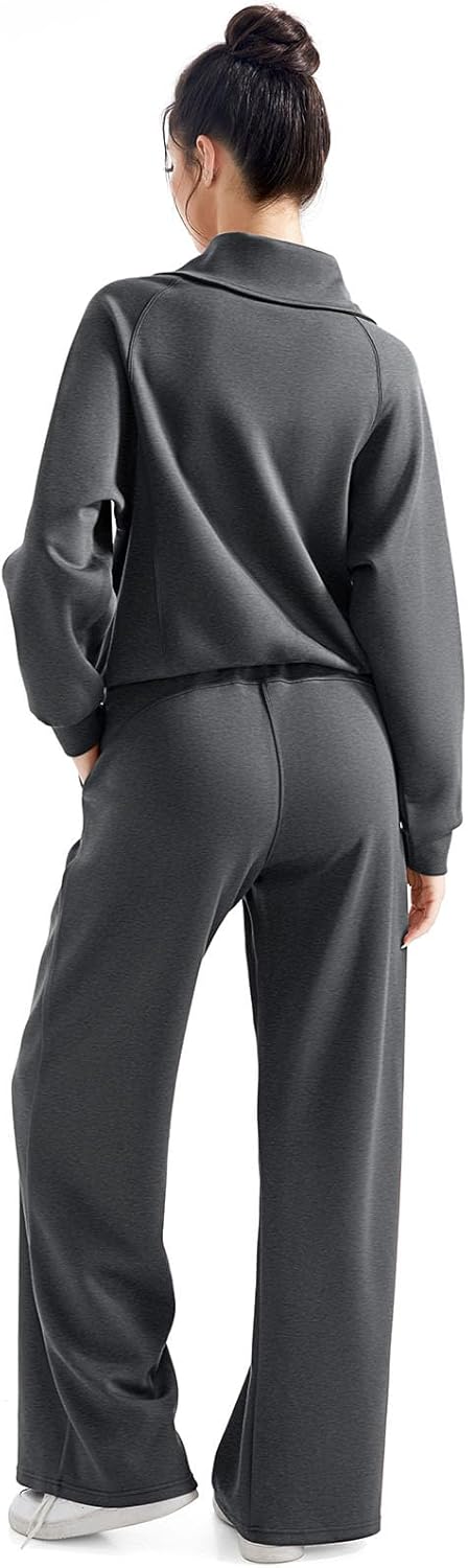 SUUKSESS Women 2 Piece Lounge Matching Set Wide Leg Sweatpant Half Zip Sweatshirt