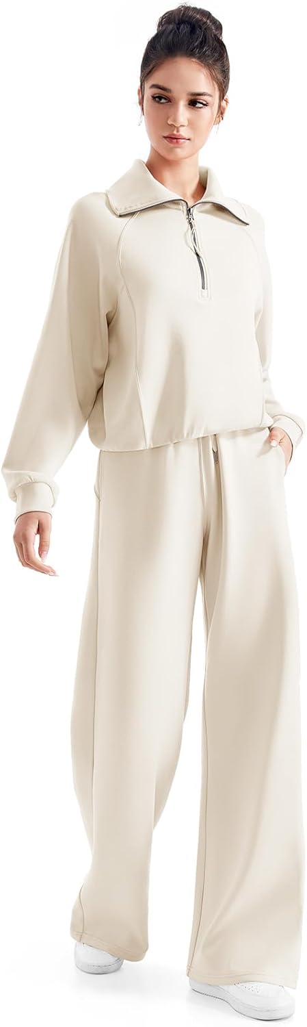 SUUKSESS Women 2 Piece Lounge Matching Set Wide Leg Sweatpant Half Zip Sweatshirt