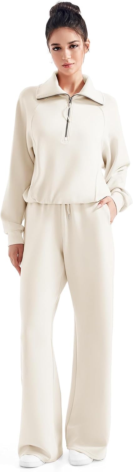 SUUKSESS Women 2 Piece Lounge Matching Set Wide Leg Sweatpant Half Zip Sweatshirt