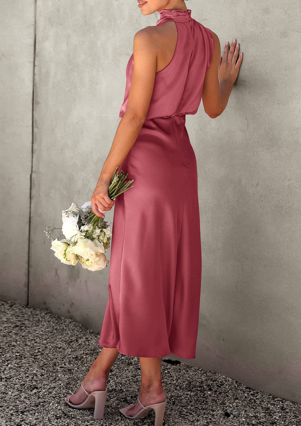 Women's Summer Satin Dress Elegant Sleeveless Mock Neck Cocktail Party Maxi Dresses