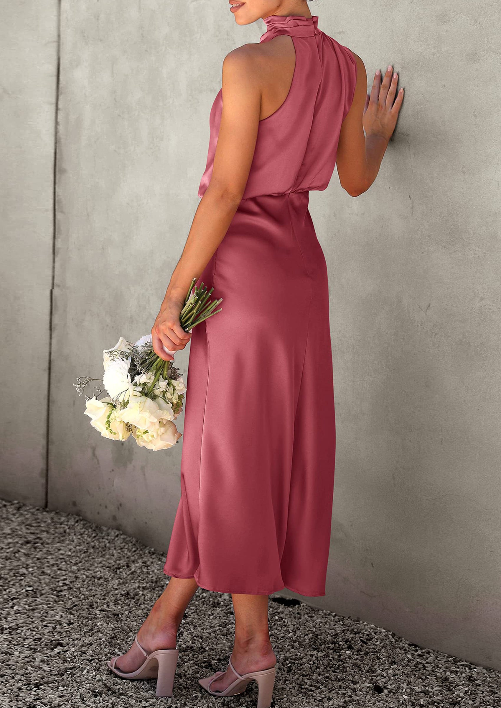 Women's Summer Satin Dress Elegant Sleeveless Mock Neck Cocktail Party Maxi Dresses