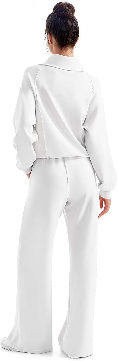 SUUKSESS Women 2 Piece Lounge Matching Set Wide Leg Sweatpant Half Zip Sweatshirt