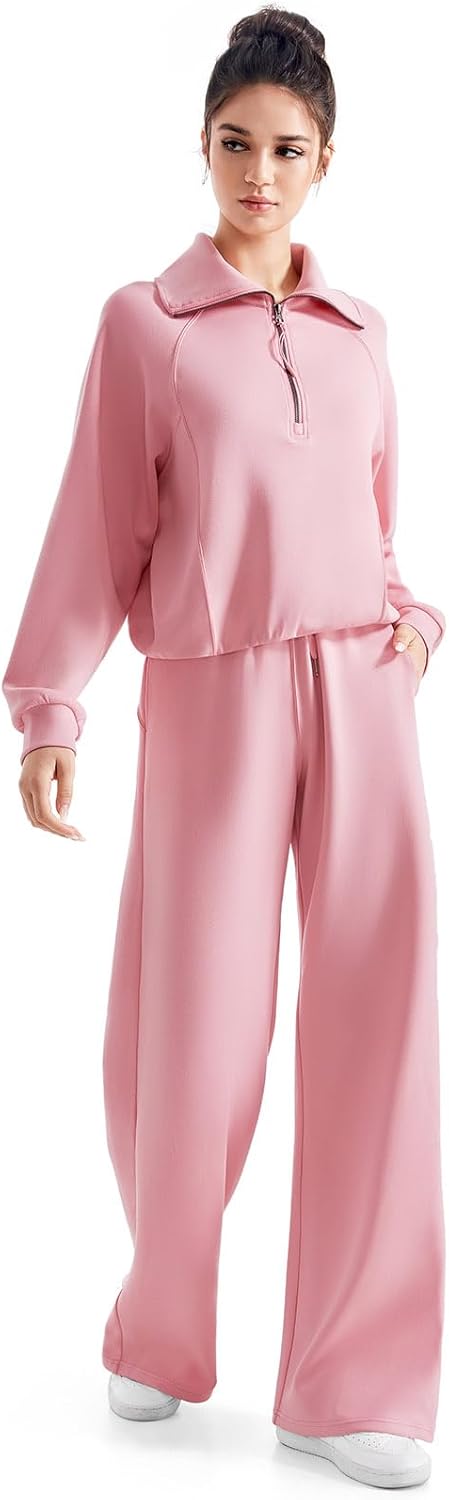 SUUKSESS Women 2 Piece Lounge Matching Set Wide Leg Sweatpant Half Zip Sweatshirt