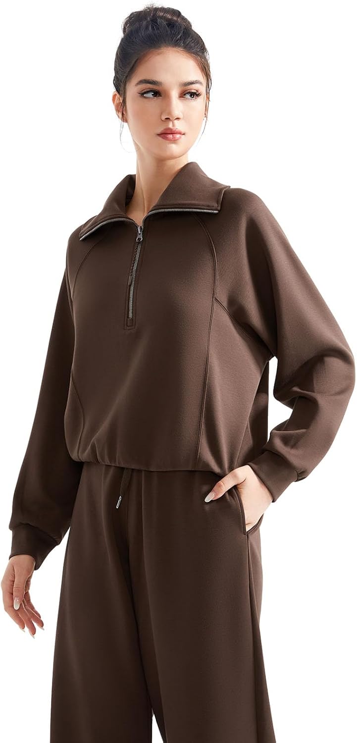 SUUKSESS Women 2 Piece Lounge Matching Set Wide Leg Sweatpant Half Zip Sweatshirt