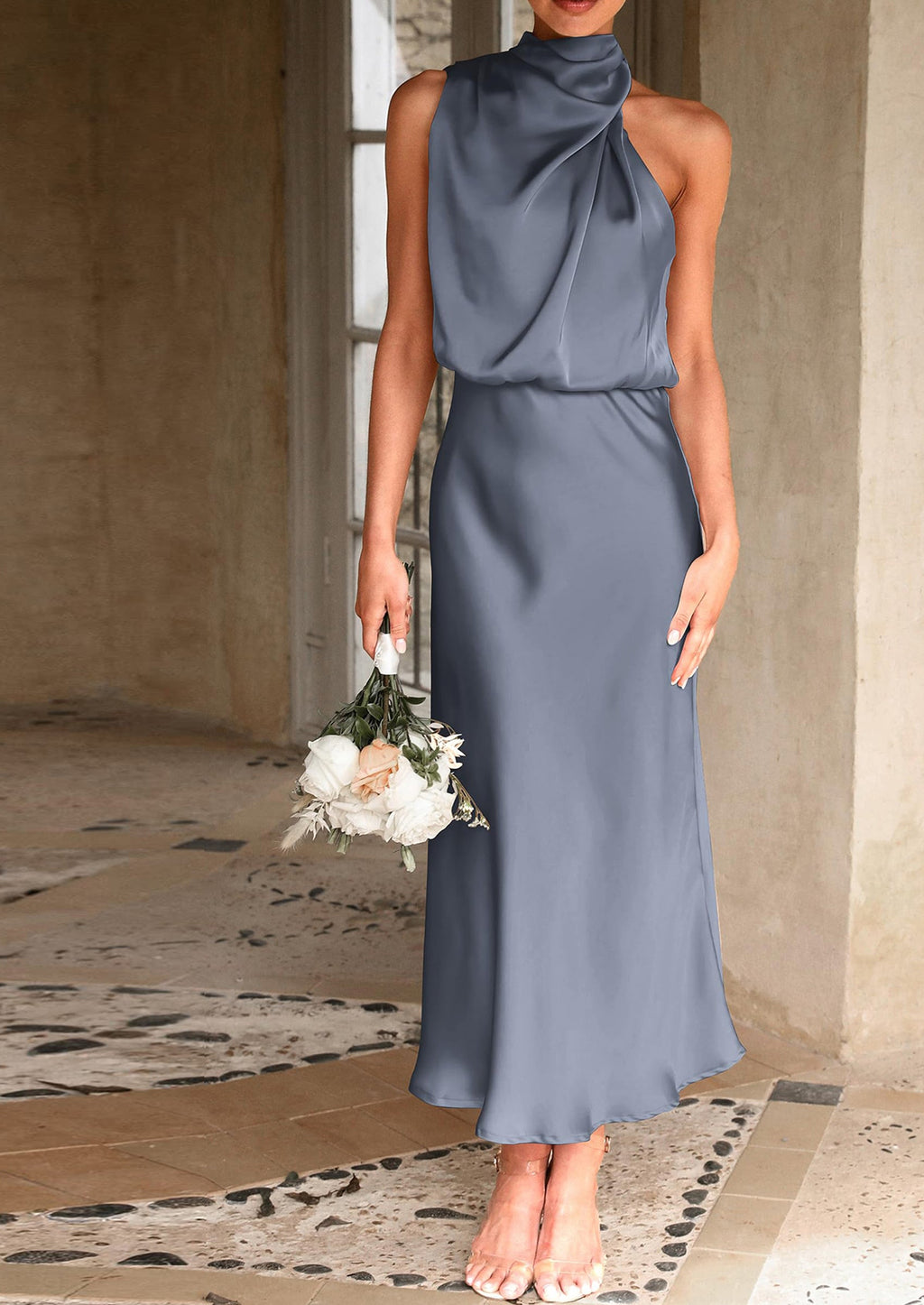 Women's Summer Satin Dress Elegant Sleeveless Mock Neck Cocktail Party Maxi Dresses