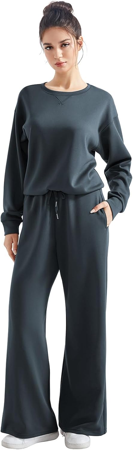 SUUKSESS Women Modal Fall 2 piece outfits Oversized Sweatshirt Wide Leg Pants