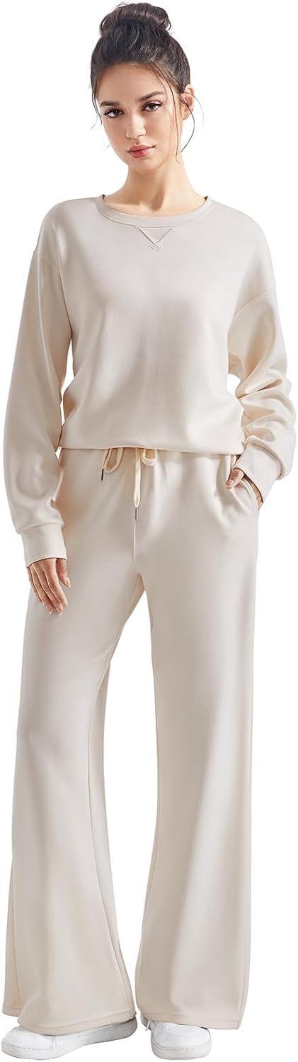 SUUKSESS Women Modal Fall 2 piece outfits Oversized Sweatshirt Wide Leg Pants