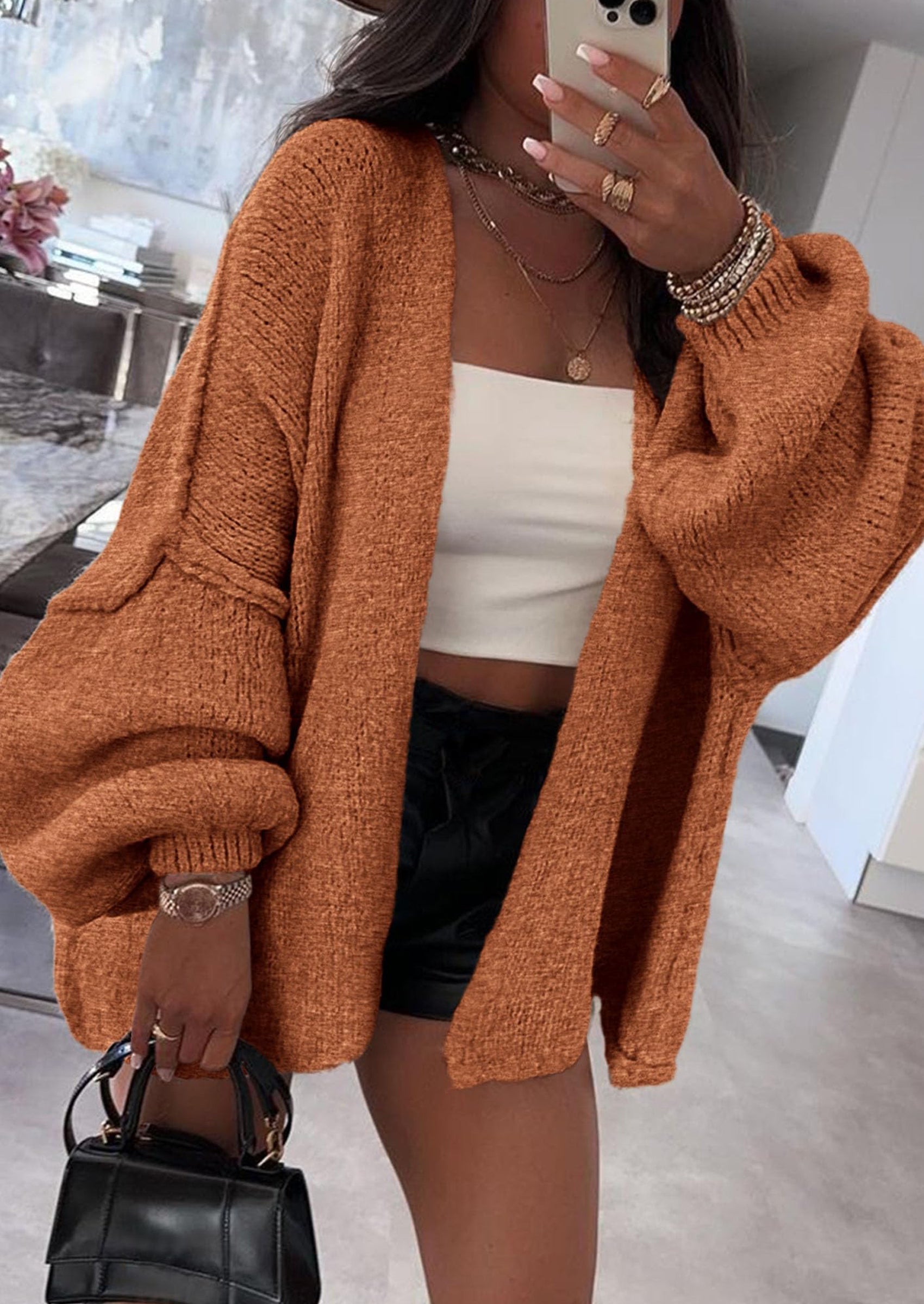 Womens Oversized Cardigan Sweaters Fall Long Lantern Sleeve Knit Open Front Lightweight Sweater