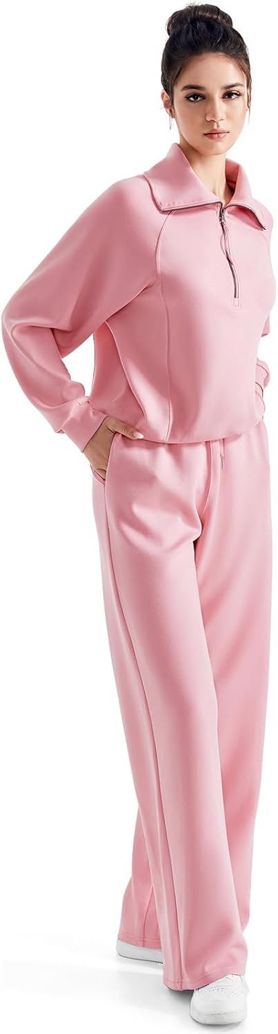 SUUKSESS Women 2 Piece Lounge Matching Set Wide Leg Sweatpant Half Zip Sweatshirt