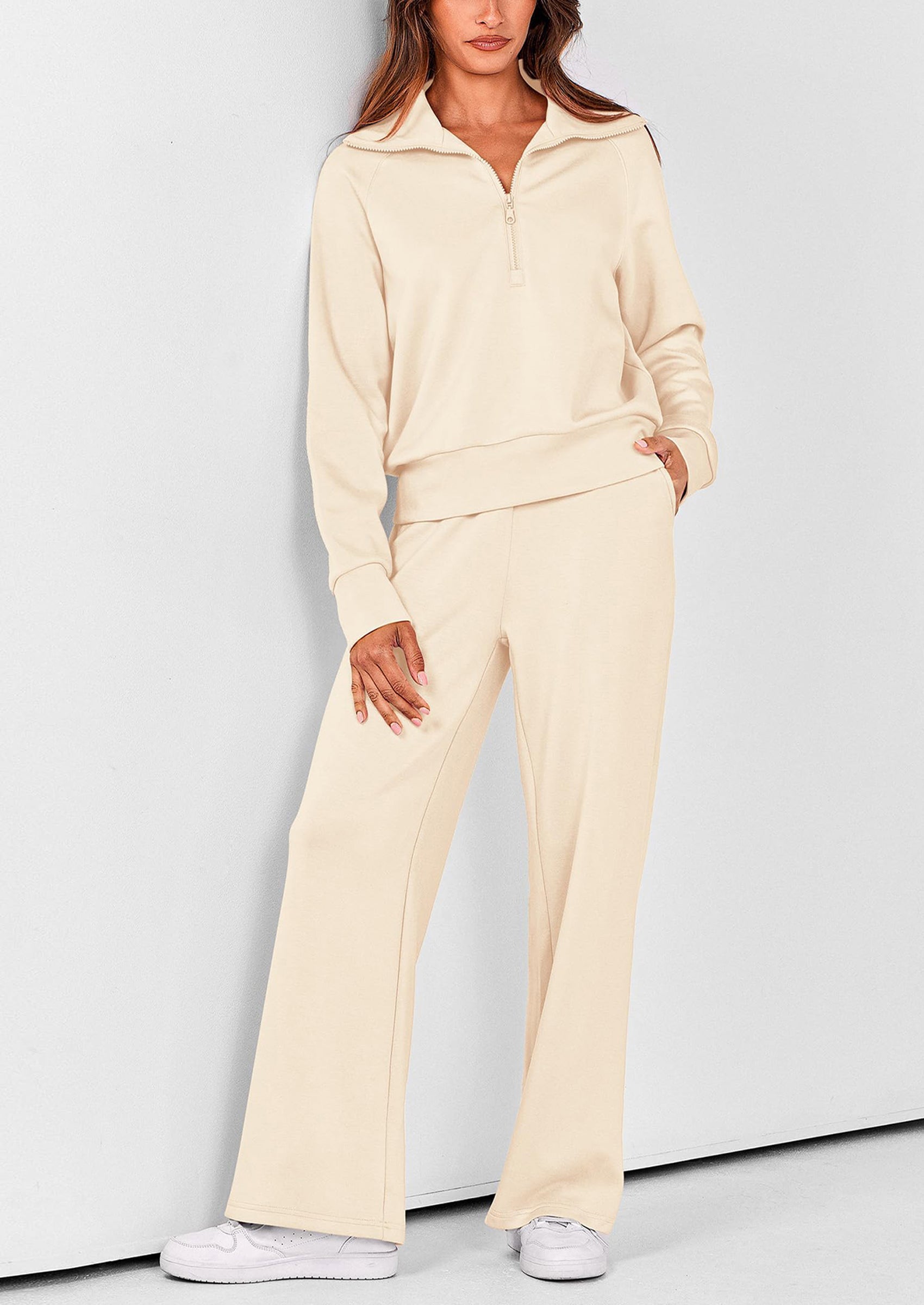 Women's 2 Piece Outfits Casual Lapel Half Zip Sweatshirts And Wide Leg Pants Tracksuit Sets