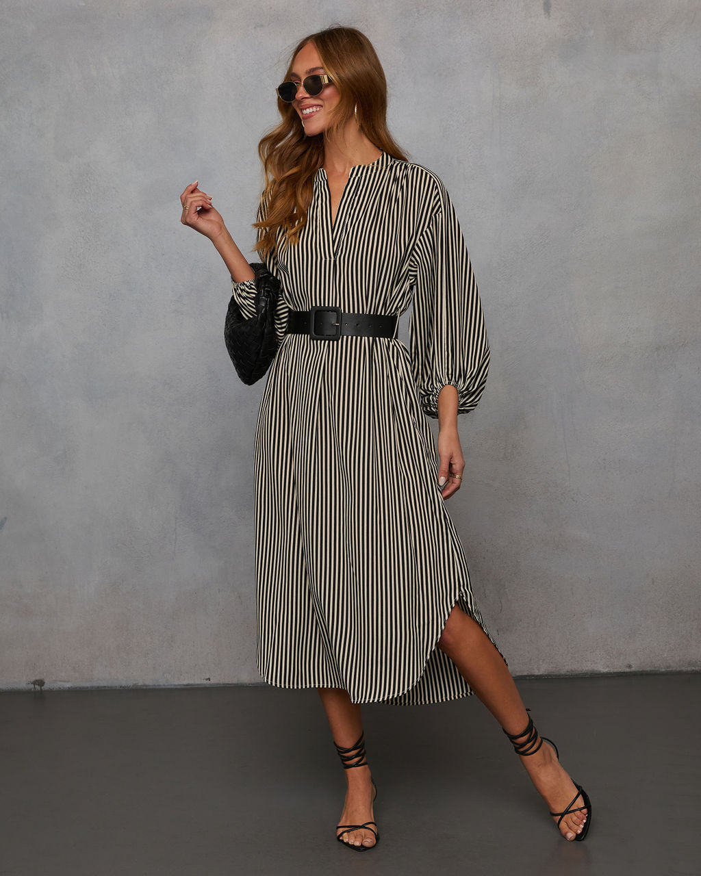 Dimarco Striped Pocketed Belted Midi Dress