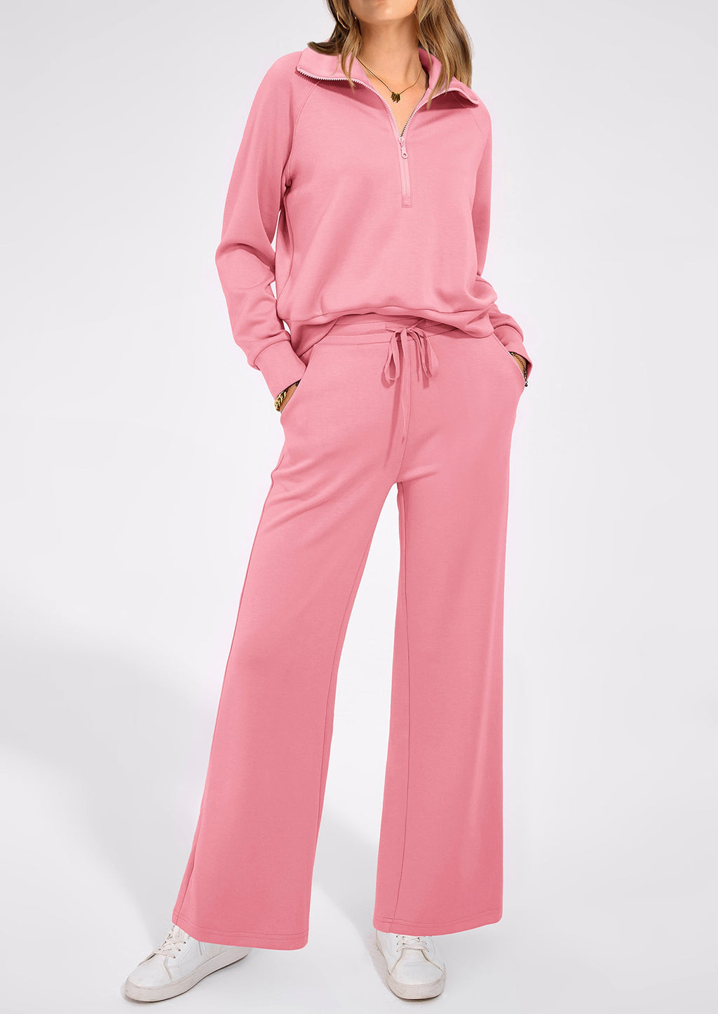 Women's 2 Piece Outfits Casual Lapel Half Zip Sweatshirts And Wide Leg Pants Tracksuit Sets