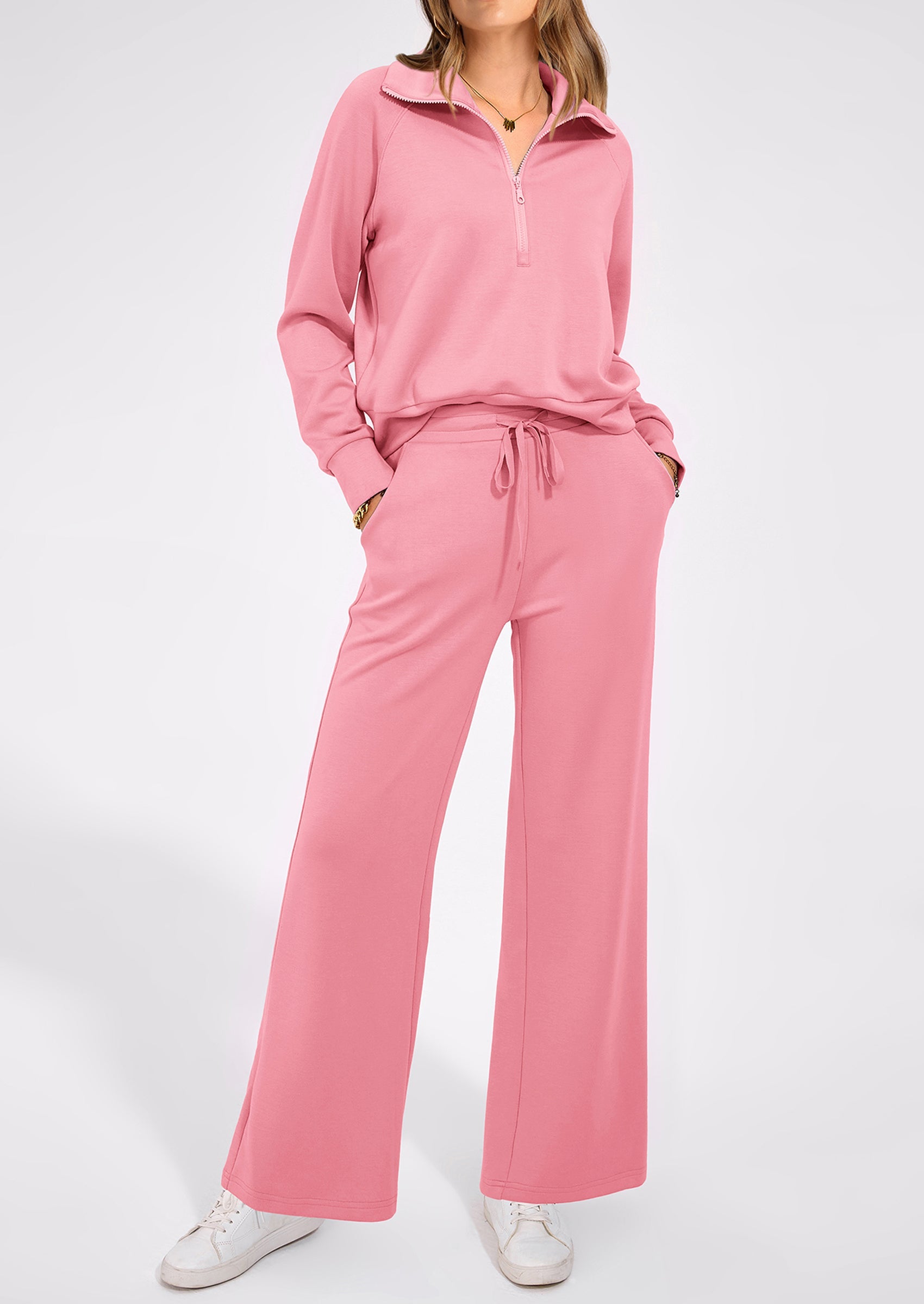 Women's 2 Piece Outfits Casual Lapel Half Zip Sweatshirts And Wide Leg Pants Tracksuit Sets