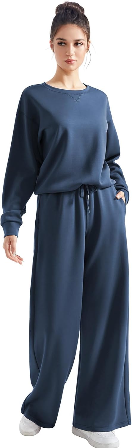 SUUKSESS Women Modal Fall 2 piece outfits Oversized Sweatshirt Wide Leg Pants