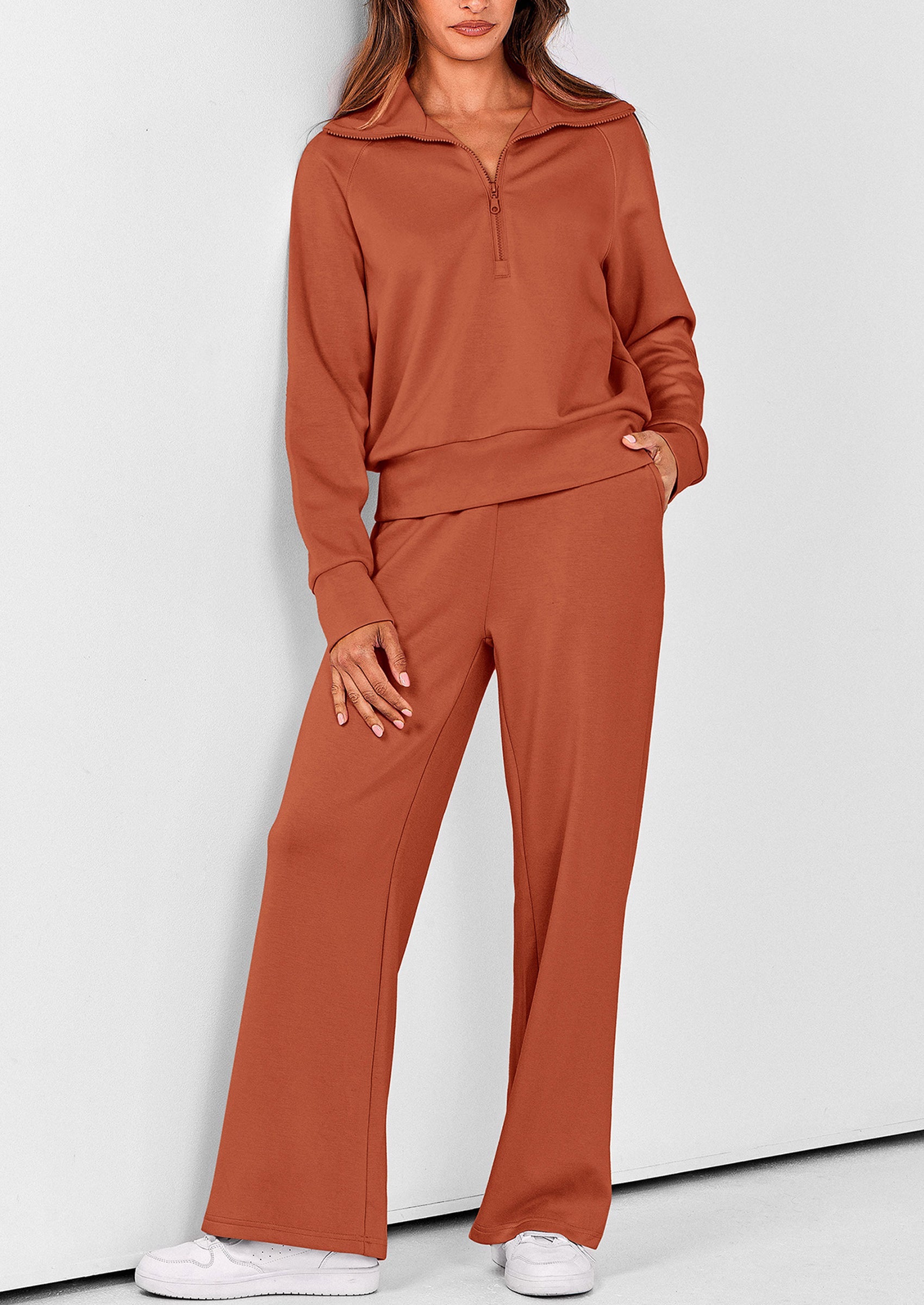 Women's 2 Piece Outfits Casual Lapel Half Zip Sweatshirts And Wide Leg Pants Tracksuit Sets