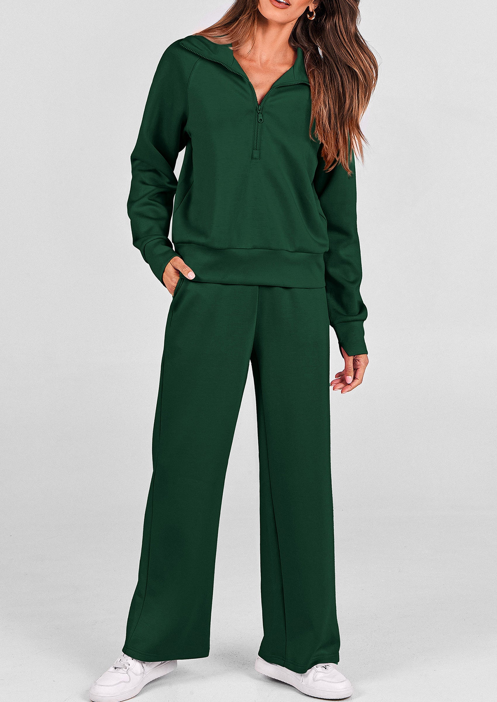 Women's 2 Piece Outfits Casual Lapel Half Zip Sweatshirts And Wide Leg Pants Tracksuit Sets