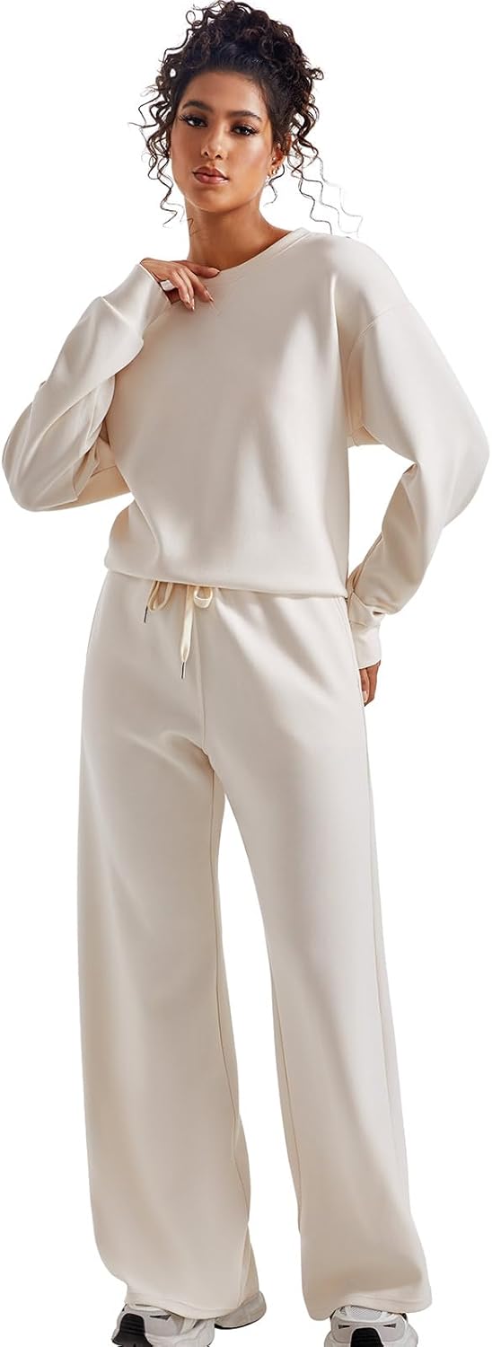 SUUKSESS Women Modal Fall 2 piece outfits Oversized Sweatshirt Wide Leg Pants