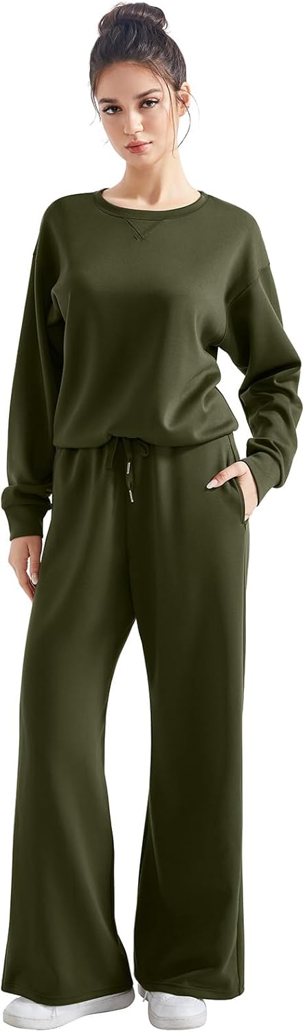 SUUKSESS Women Modal Fall 2 piece outfits Oversized Sweatshirt Wide Leg Pants