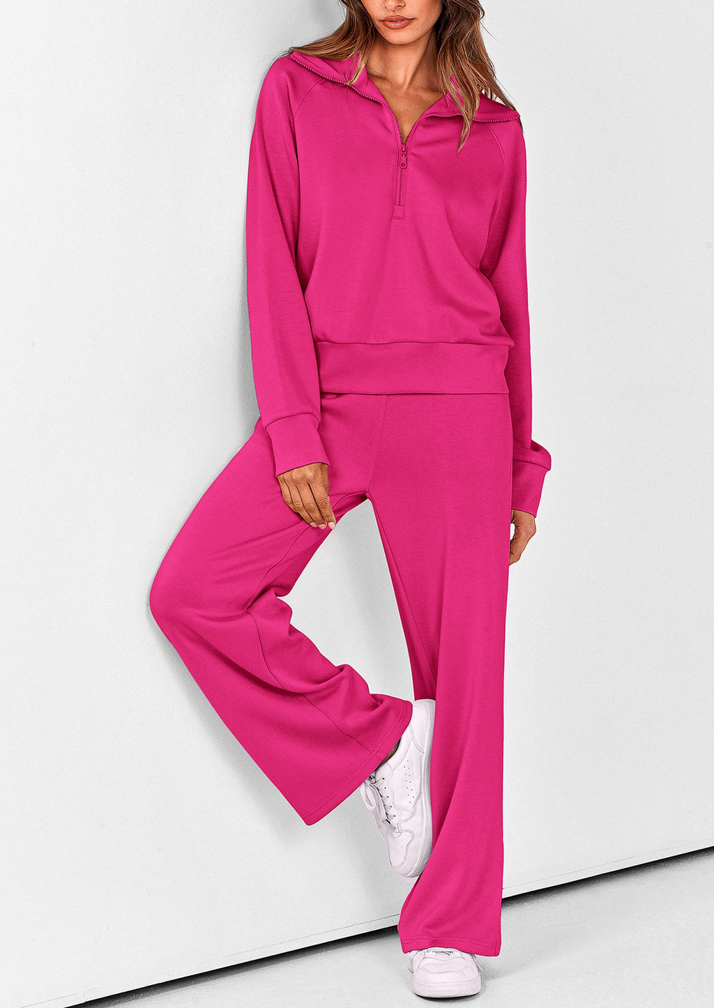 Women's 2 Piece Outfits Casual Lapel Half Zip Sweatshirts And Wide Leg Pants Tracksuit Sets