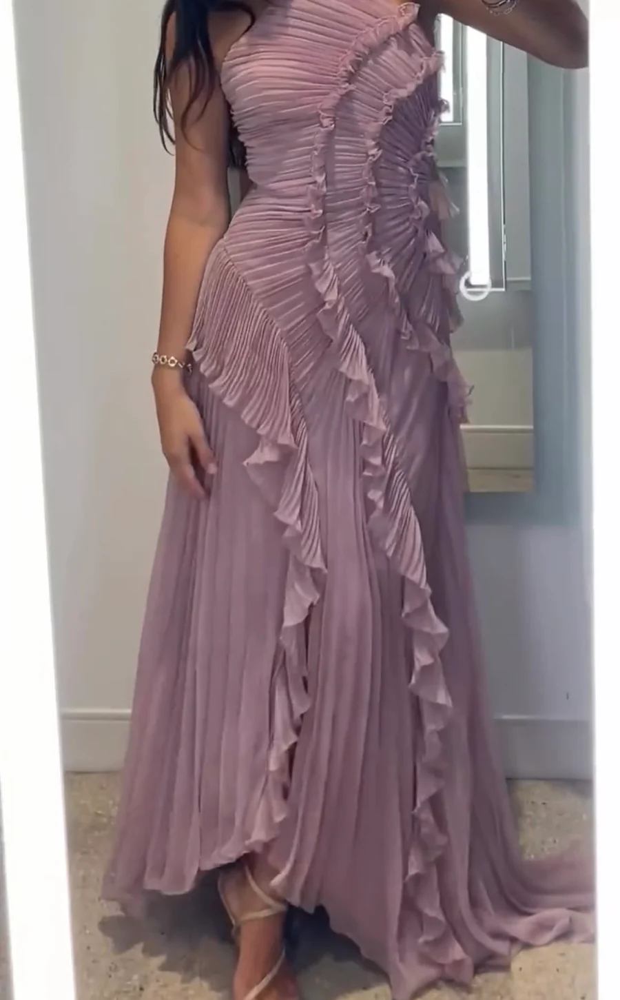 Pleated Ruffled Halter Backless A- Hem Chiffon Elegant Dress