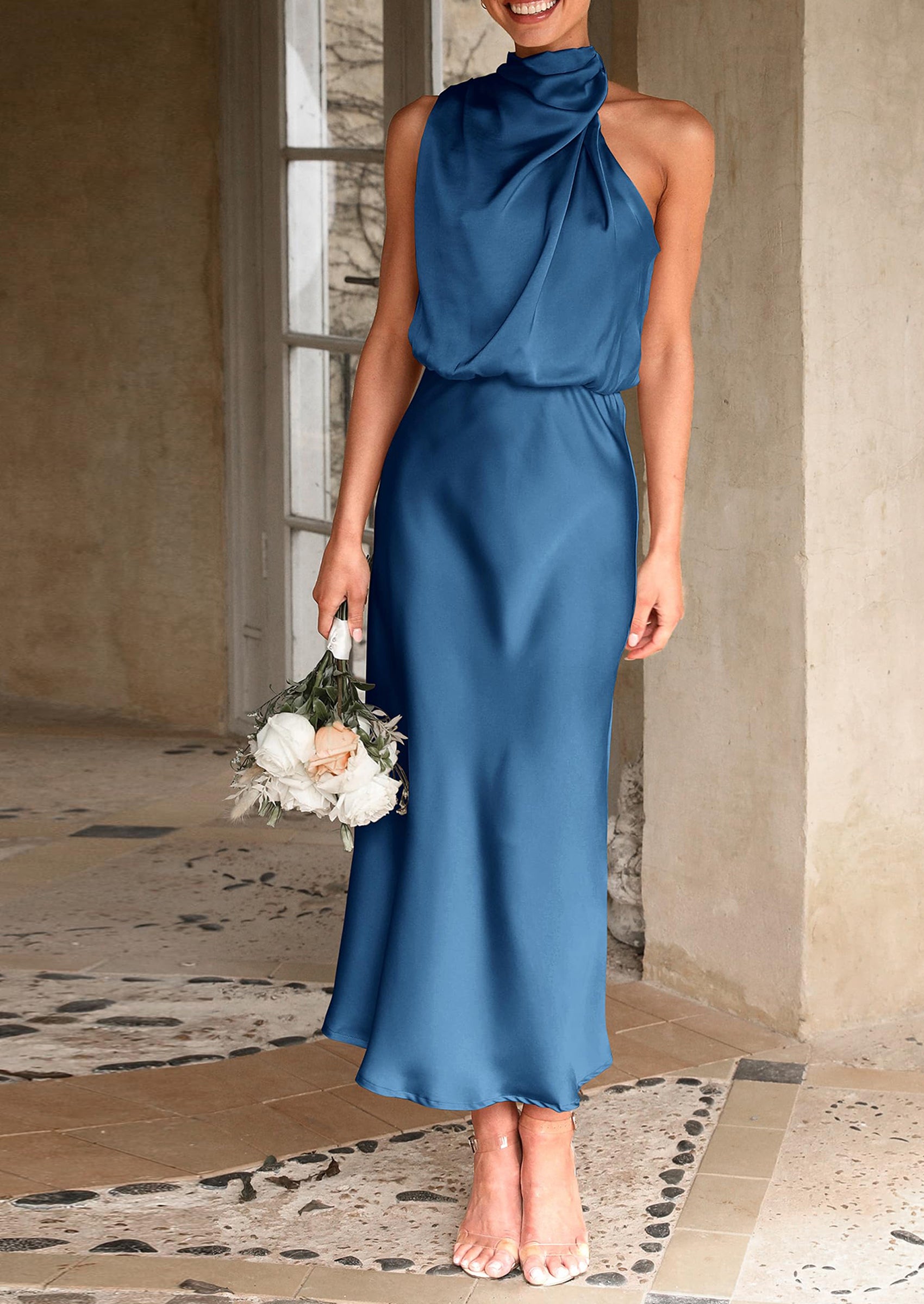 Women's Summer Satin Dress Elegant Sleeveless Mock Neck Cocktail Party Maxi Dresses