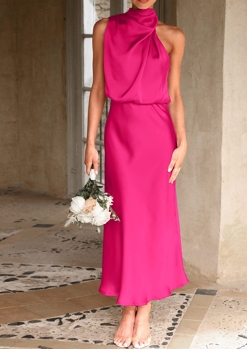 Women's Summer Satin Dress Elegant Sleeveless Mock Neck Cocktail Party Maxi Dresses