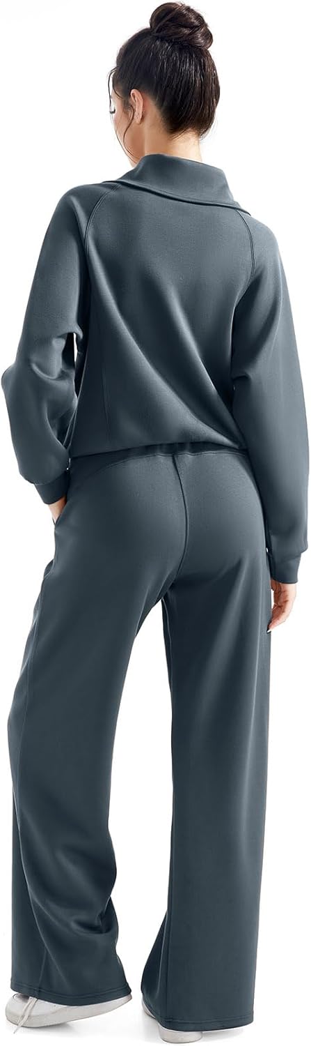 SUUKSESS Women 2 Piece Lounge Matching Set Wide Leg Sweatpant Half Zip Sweatshirt