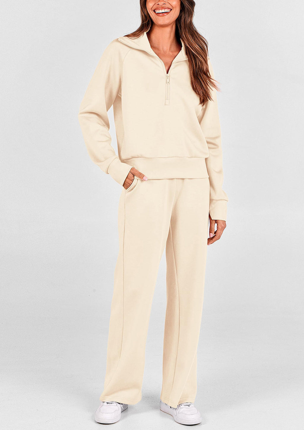 Women's 2 Piece Outfits Casual Lapel Half Zip Sweatshirts And Wide Leg Pants Tracksuit Sets