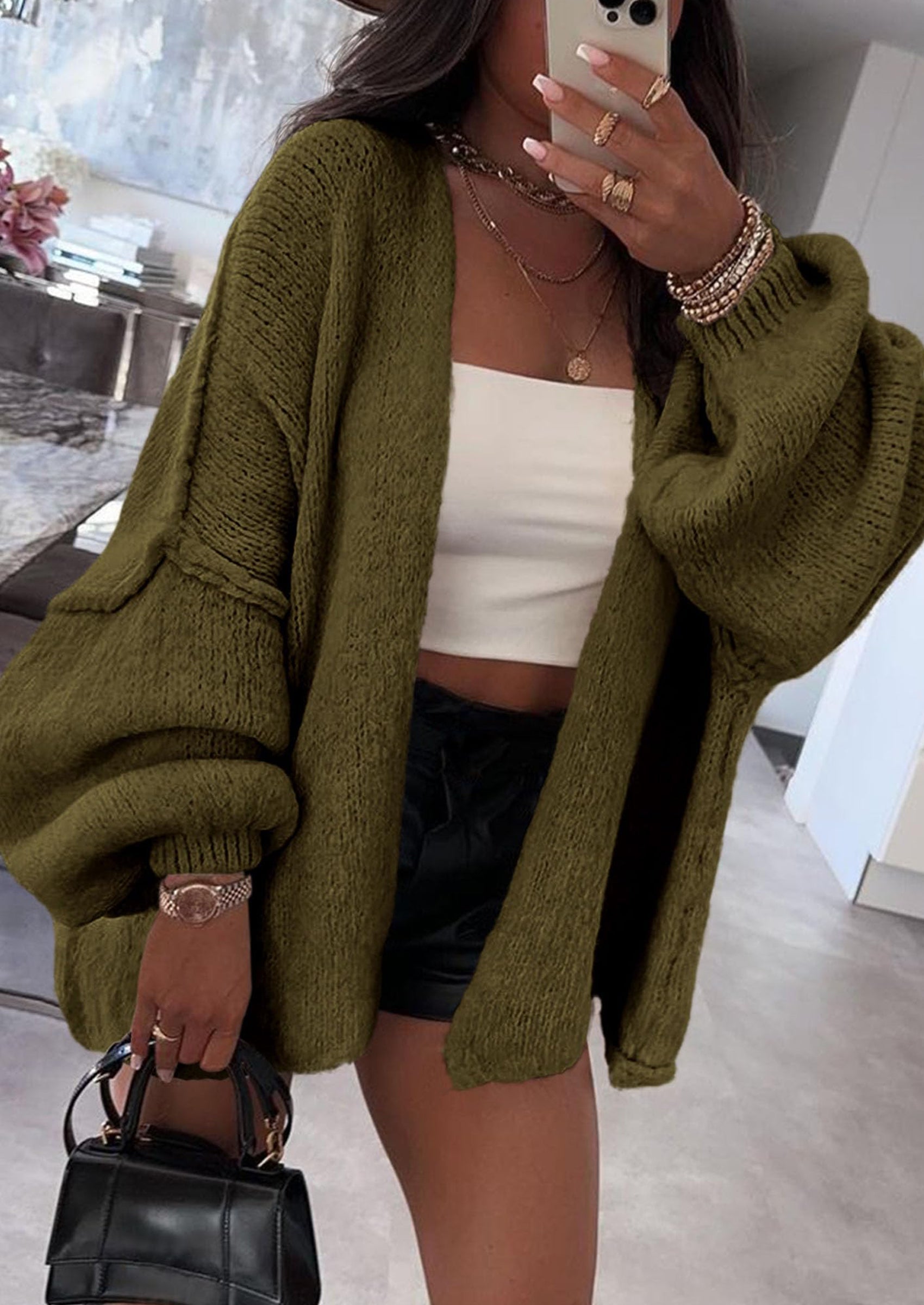 Womens Oversized Cardigan Sweaters Fall Long Lantern Sleeve Knit Open Front Lightweight Sweater