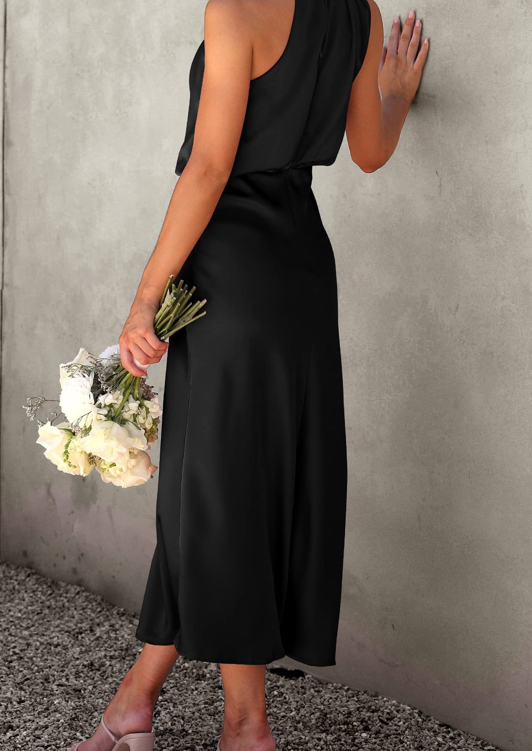Women's Summer Satin Dress Elegant Sleeveless Mock Neck Cocktail Party Maxi Dresses