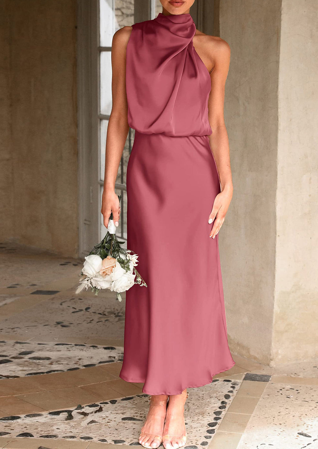 Women's Summer Satin Dress Elegant Sleeveless Mock Neck Cocktail Party Maxi Dresses