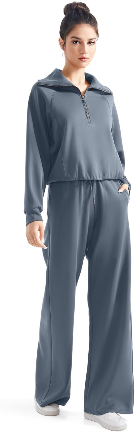 SUUKSESS Women 2 Piece Lounge Matching Set Wide Leg Sweatpant Half Zip Sweatshirt