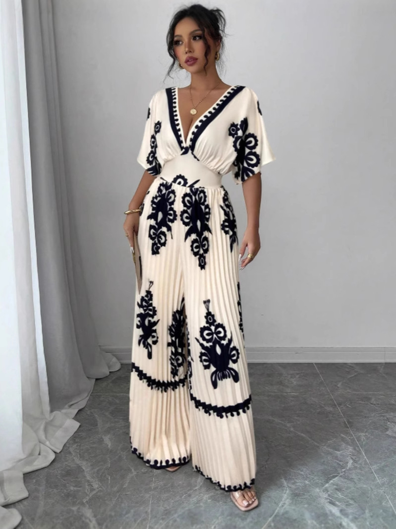 Elenzga Women's Print Batwing Sleeve Deep V Neck Ruched Jumpsuits For Vacation