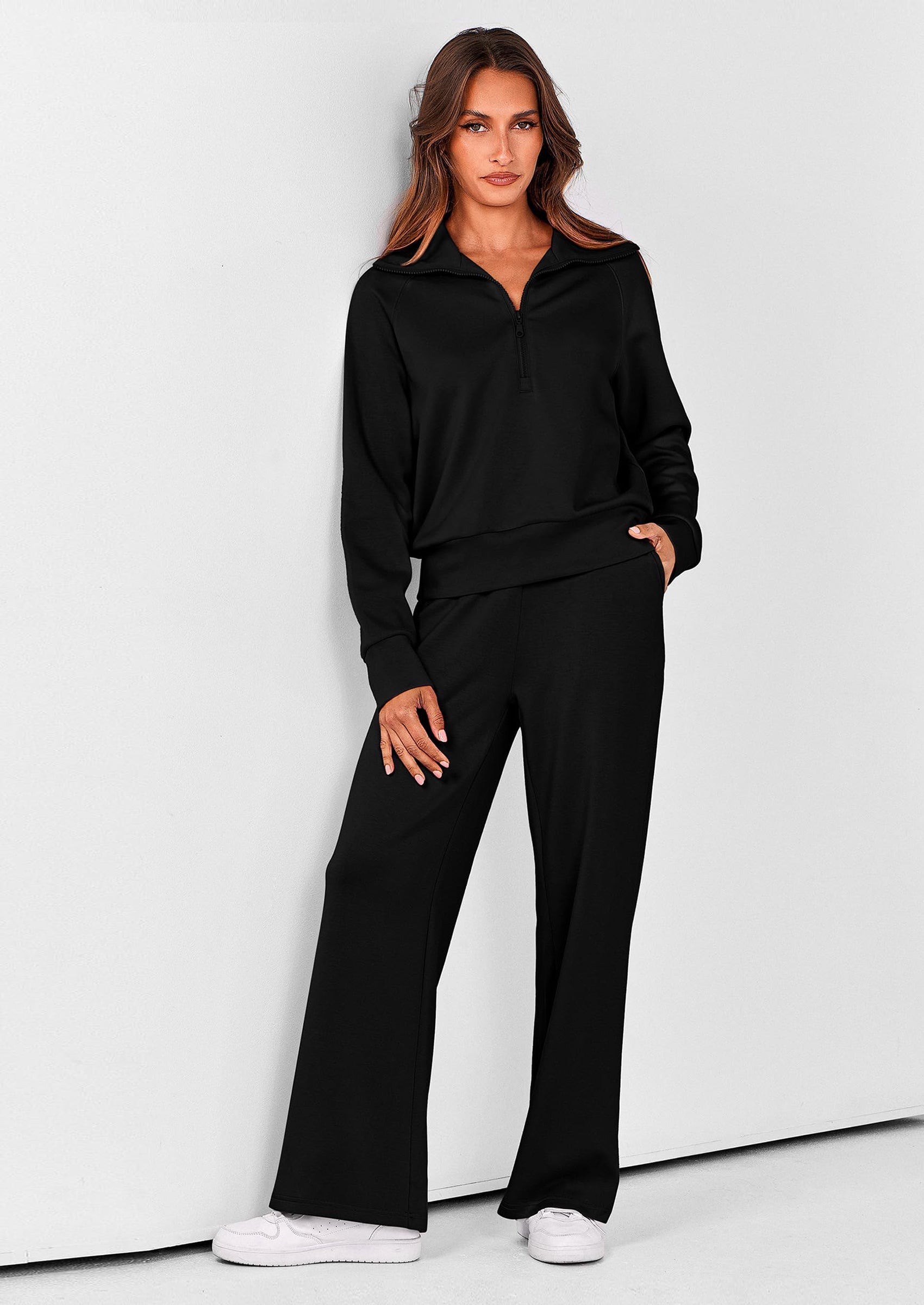 Women's 2 Piece Outfits Casual Lapel Half Zip Sweatshirts And Wide Leg Pants Tracksuit Sets