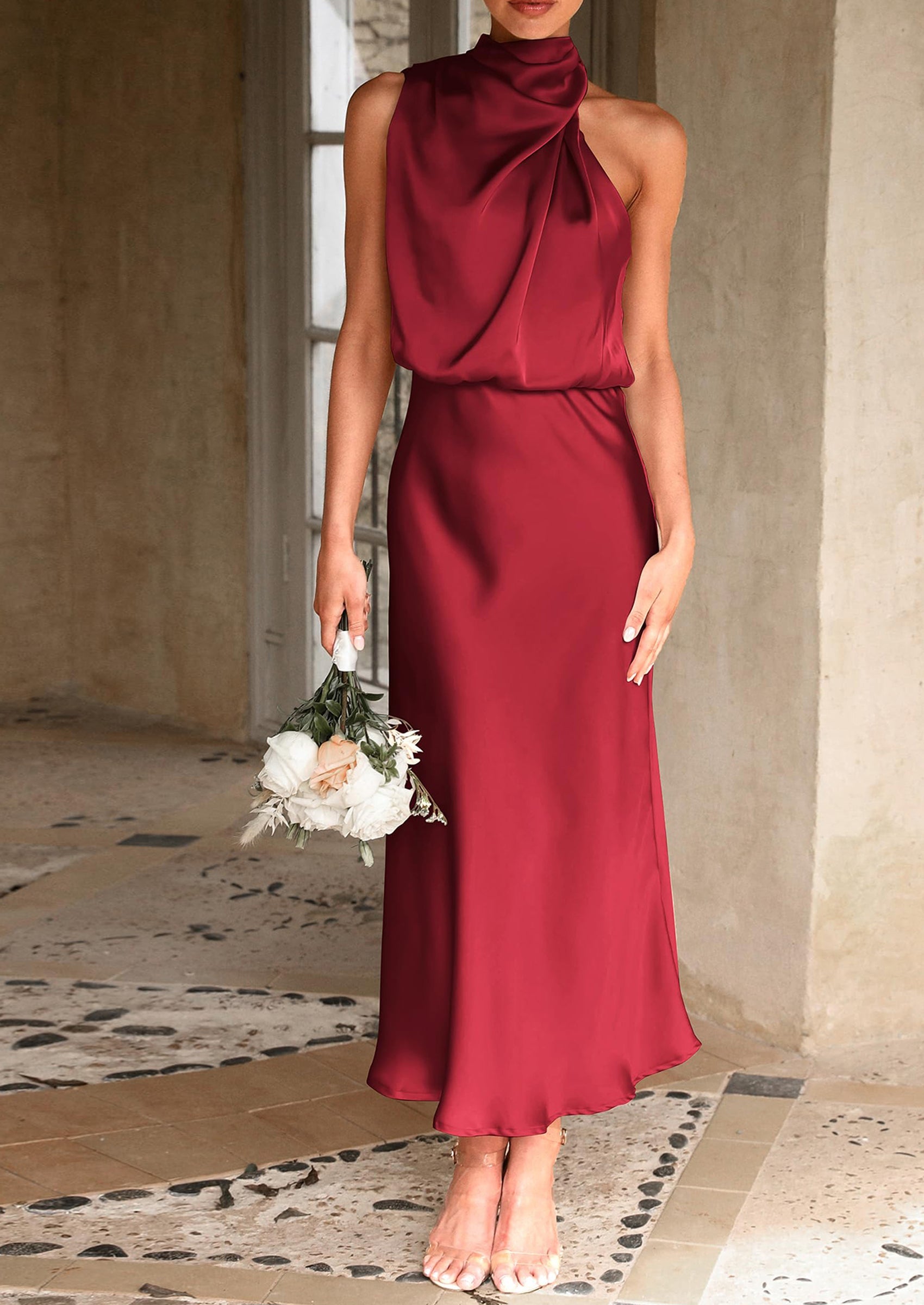 Women's Summer Satin Dress Elegant Sleeveless Mock Neck Cocktail Party Maxi Dresses