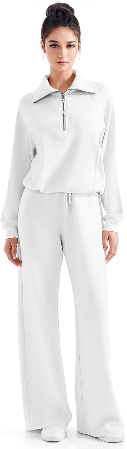 SUUKSESS Women 2 Piece Lounge Matching Set Wide Leg Sweatpant Half Zip Sweatshirt