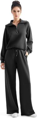 SUUKSESS Women 2 Piece Lounge Matching Set Wide Leg Sweatpant Half Zip Sweatshirt