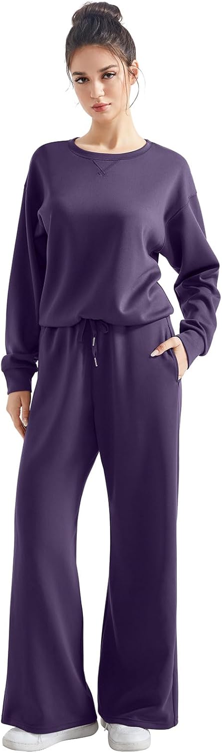 SUUKSESS Women Modal Fall 2 piece outfits Oversized Sweatshirt Wide Leg Pants