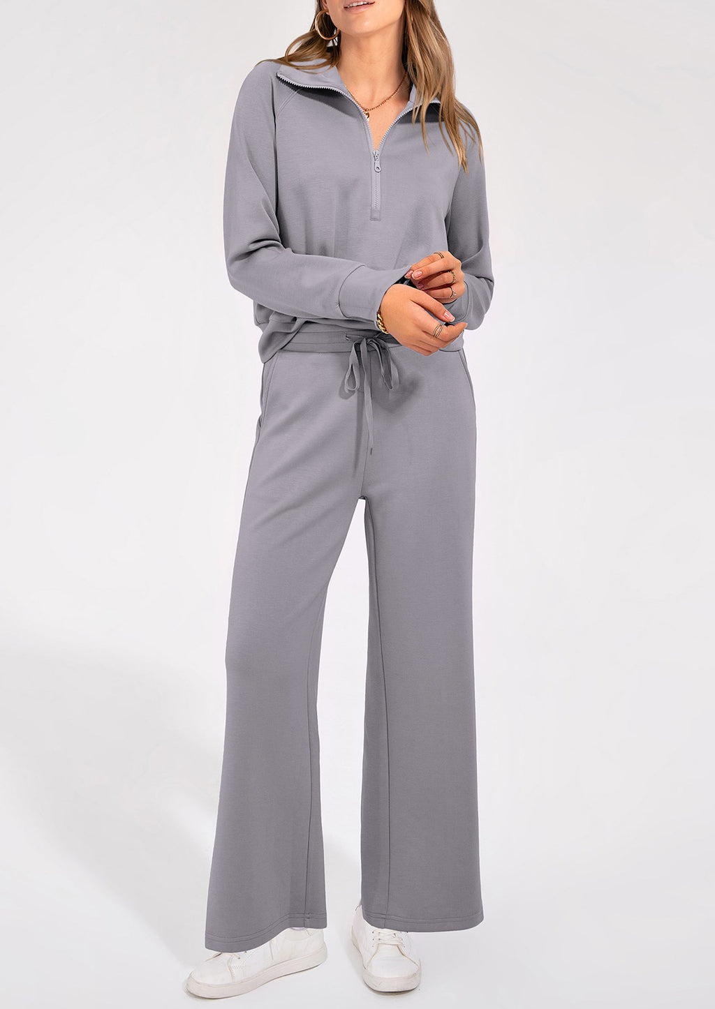 Women's 2 Piece Outfits Casual Lapel Half Zip Sweatshirts And Wide Leg Pants Tracksuit Sets