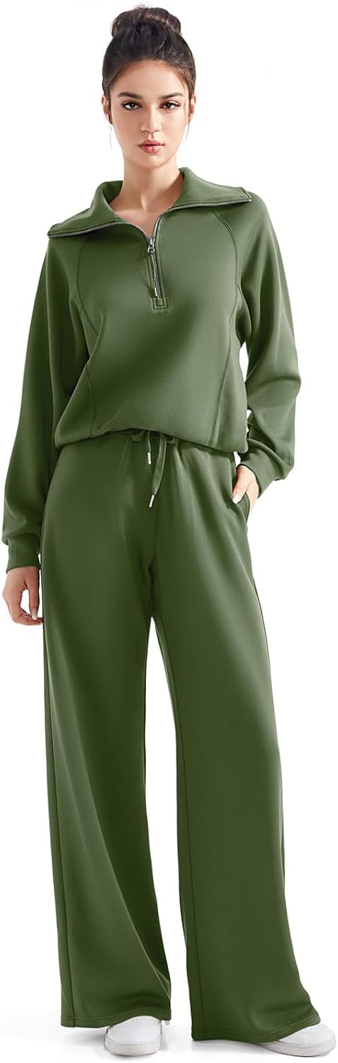 SUUKSESS Women 2 Piece Lounge Matching Set Wide Leg Sweatpant Half Zip Sweatshirt