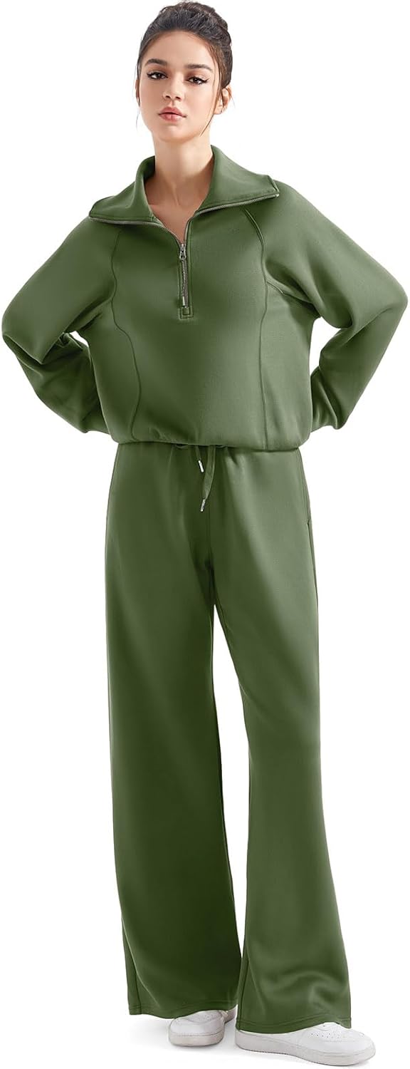 SUUKSESS Women 2 Piece Lounge Matching Set Wide Leg Sweatpant Half Zip Sweatshirt