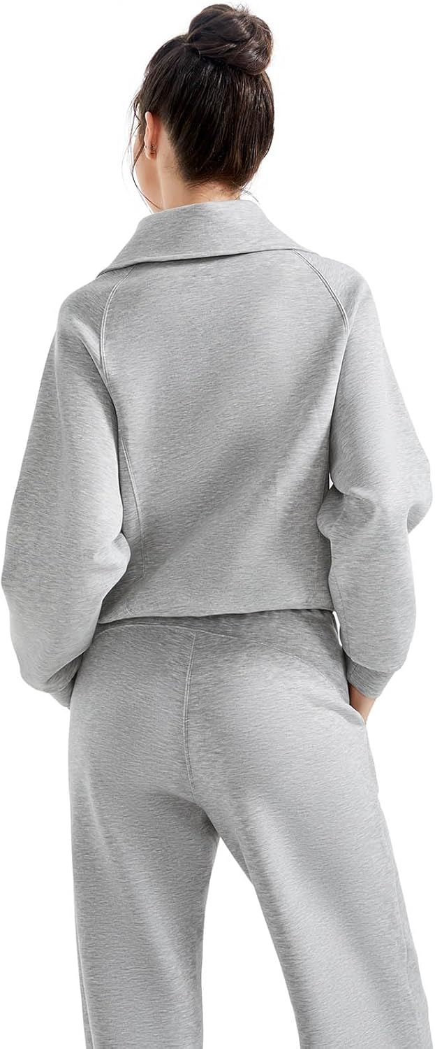 SUUKSESS Women 2 Piece Lounge Matching Set Wide Leg Sweatpant Half Zip Sweatshirt