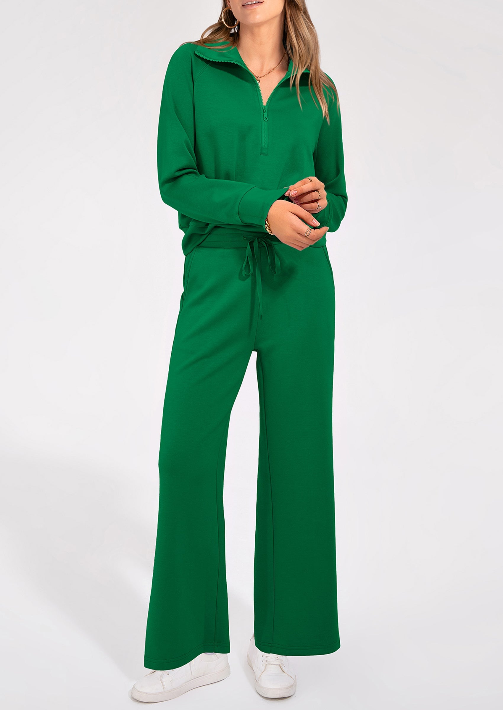 Women's 2 Piece Outfits Casual Lapel Half Zip Sweatshirts And Wide Leg Pants Tracksuit Sets