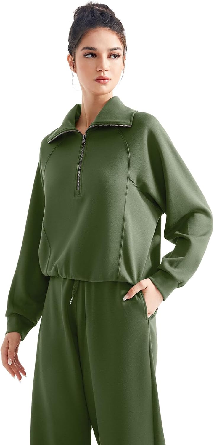 SUUKSESS Women 2 Piece Lounge Matching Set Wide Leg Sweatpant Half Zip Sweatshirt