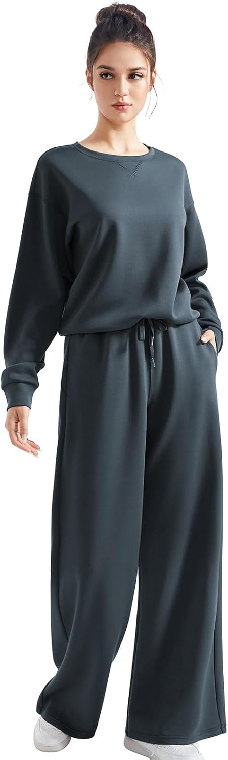 SUUKSESS Women Modal Fall 2 piece outfits Oversized Sweatshirt Wide Leg Pants