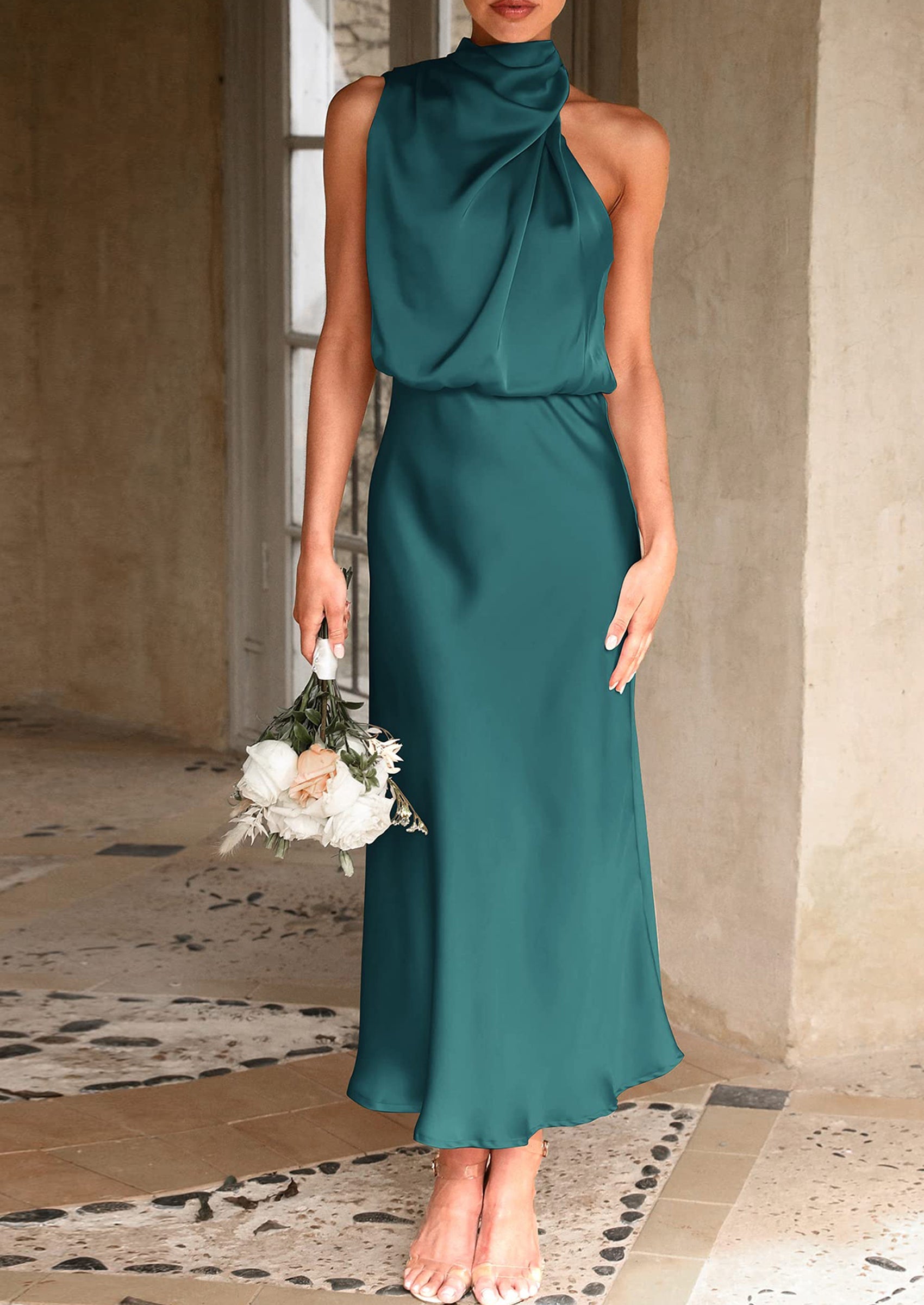 Women's Summer Satin Dress Elegant Sleeveless Mock Neck Cocktail Party Maxi Dresses