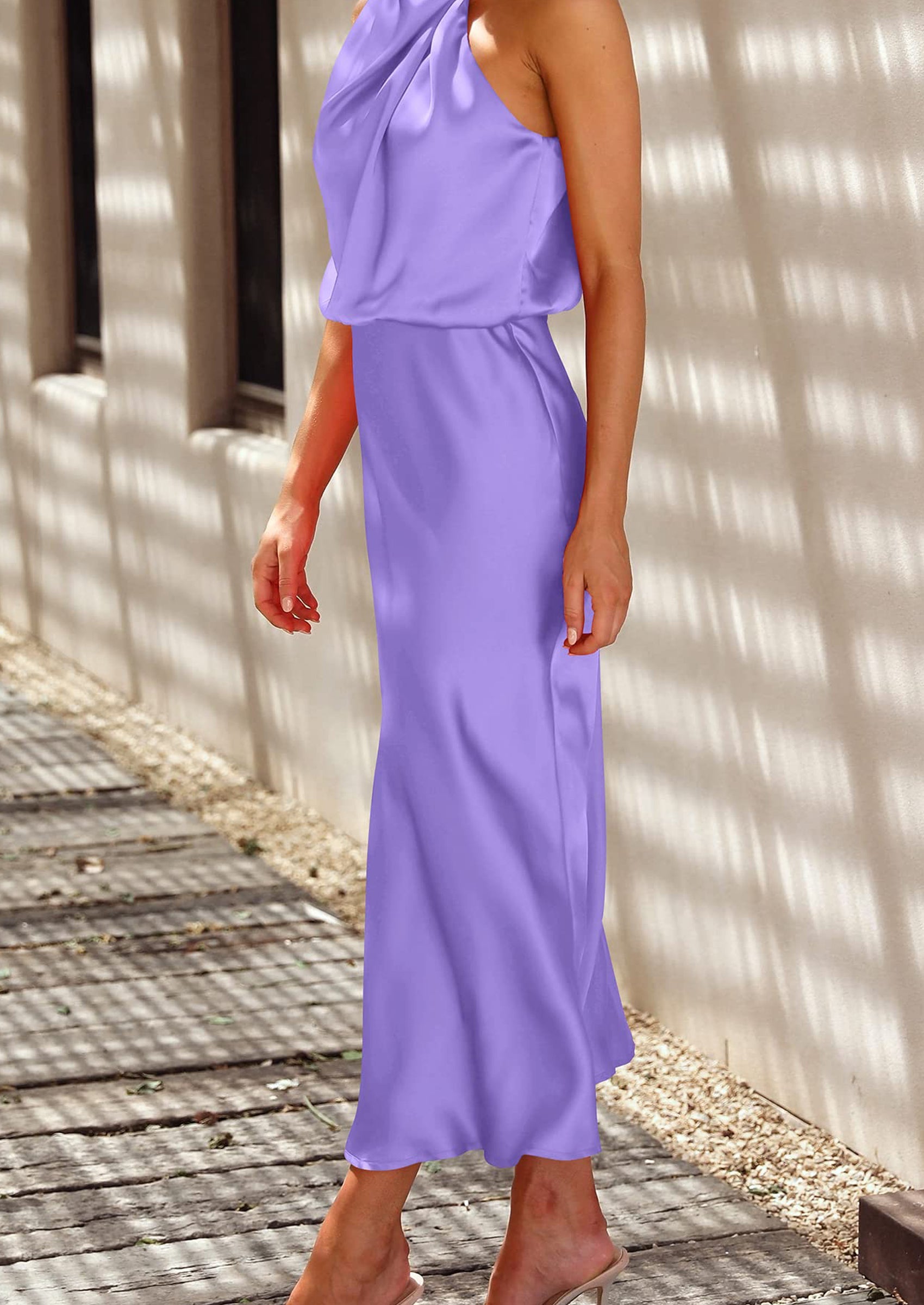 Women's Summer Satin Dress Elegant Sleeveless Mock Neck Cocktail Party Maxi Dresses