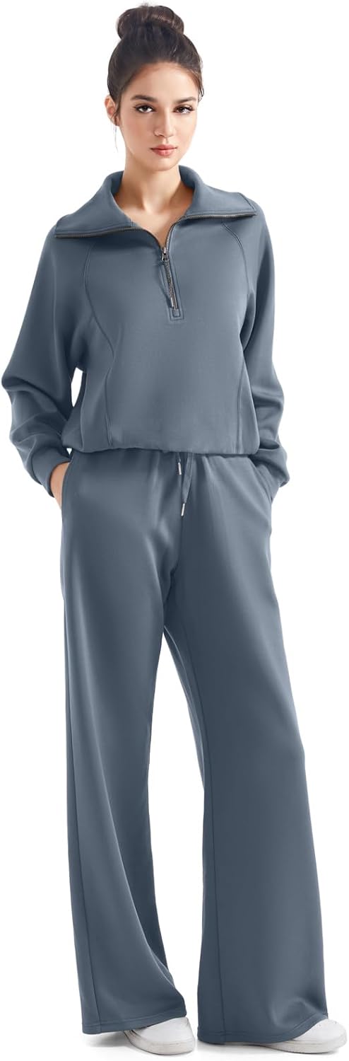 SUUKSESS Women 2 Piece Lounge Matching Set Wide Leg Sweatpant Half Zip Sweatshirt