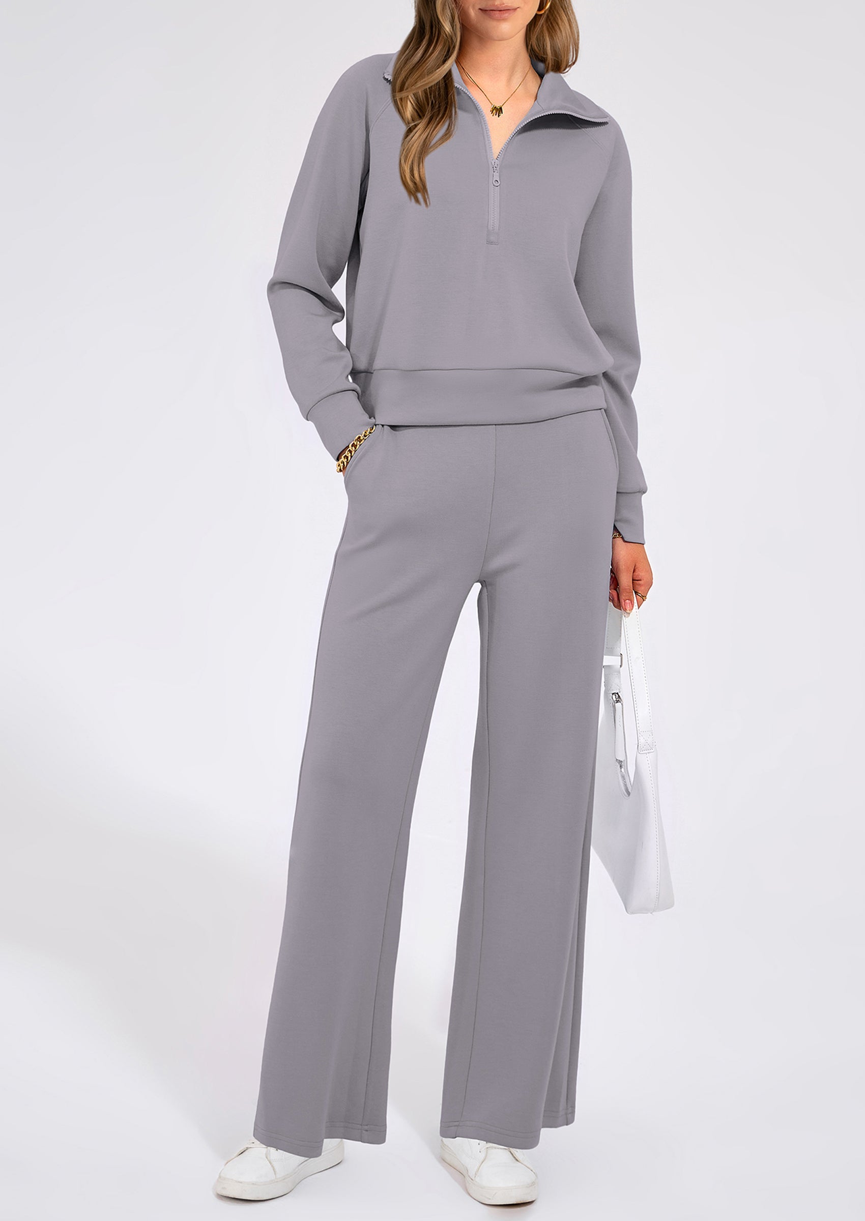 Women's 2 Piece Outfits Casual Lapel Half Zip Sweatshirts And Wide Leg Pants Tracksuit Sets