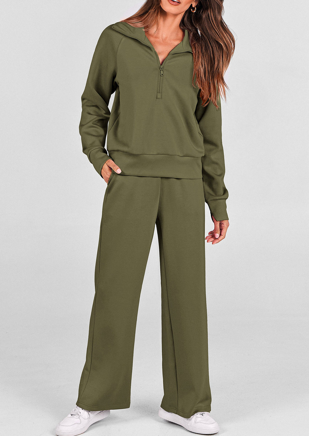 Women's 2 Piece Outfits Casual Lapel Half Zip Sweatshirts And Wide Leg Pants Tracksuit Sets